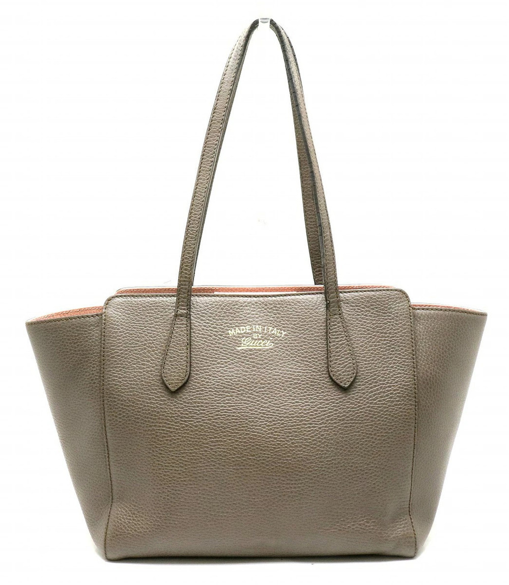 Gucci Swing Tote Bag Shoulder Leather Gray Brown Pink
